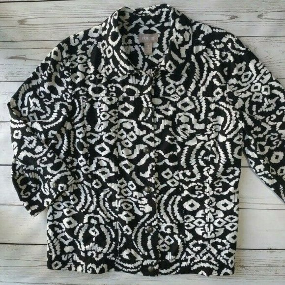 Chico's Jacket size 3 -XL 16-18 Linen w Bold Geometric Print Black White Chicos - Picture 3 of 10